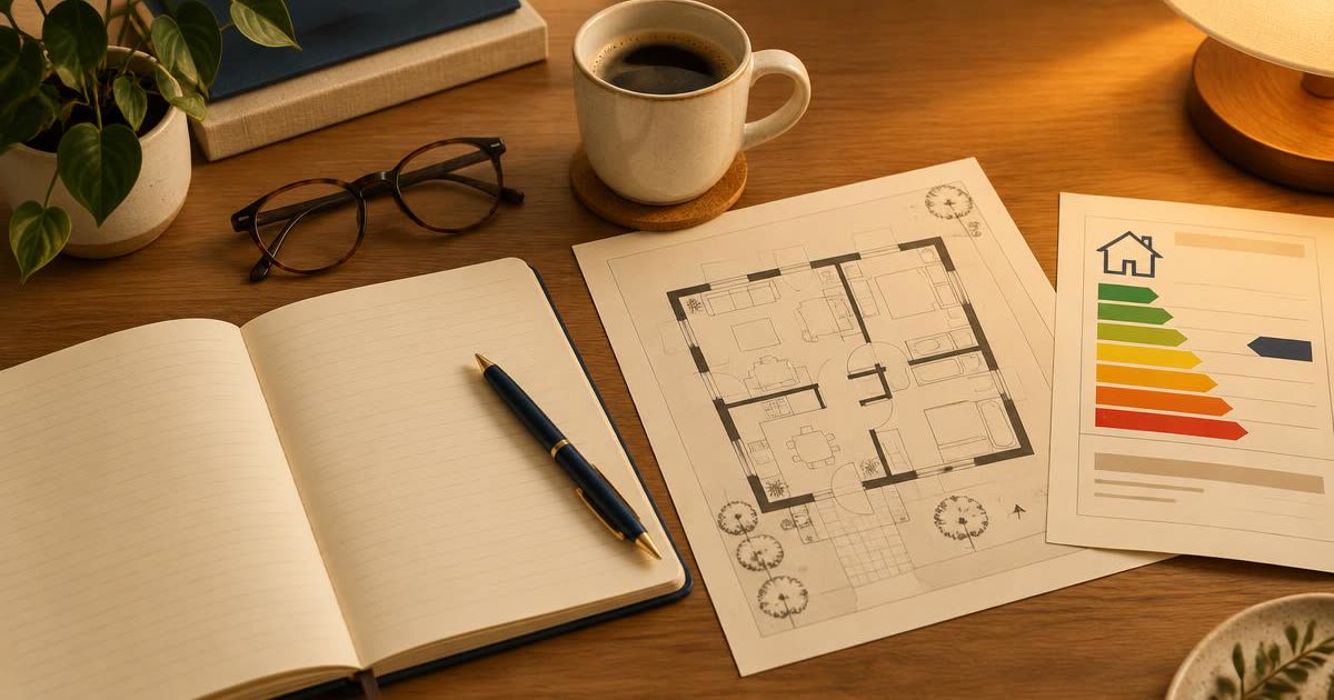 Illustratief beeld van een grondplan en documenten